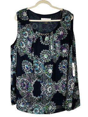 Peter Nygard Women 3X Navy Blue Print Rhinestone Sleeveless Blouse NWT $79